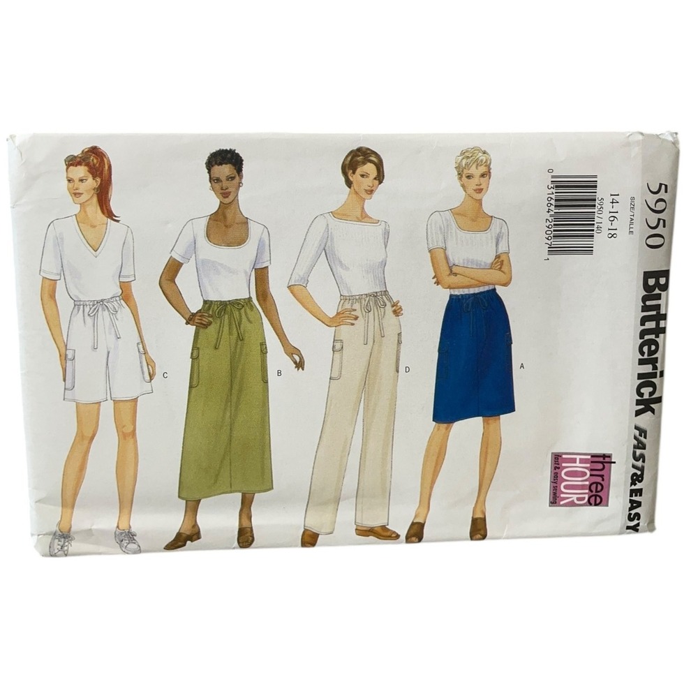 Butterick 5950 Sewing Pattern Misses 14-18 Skirt Shorts Pants Cargo Drawstring